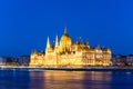 Famous Budapest parliament at the river Danube during blue hour Royalty Free Stock Photo