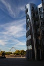 Iconic famous buildings at Media Harbor in Dusseldorf / Detail of buidling / Metal building facade