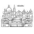 Famous buildings of Valletta vector sketch