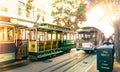 Famous Cable Cars at Powell & Market Station Turntable in San Francisco, California. Powell-Hyde line train.