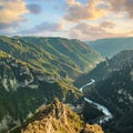 Famous canyon, Valley gorges of Tarn with river and mountain under the sunset Lozere, Linguedoc-Roussillon, France, Royalty Free Stock Photo