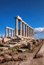 Cape Sounion with ruins of an ancient Greek temple of Poseidon in Attica, Greece Royalty Free Stock Photo