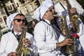 Famous Carnival of Nice, Flowers` battle. Musicians cooks