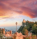 Castle Rocca della Guaita against sunset in San Marino republic, Italy