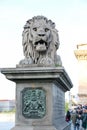 The famous Chain Bridge across the Danube. Lion statue.