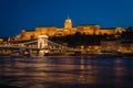 The famous Chain bridge with the castle in the background at night, Budapest, Hungary Royalty Free Stock Photo