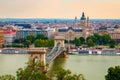 Famous Chain bridge and Saint Stephen Basilica in Budapest, Hungary Royalty Free Stock Photo