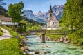 Famous church in the idyllic mountain village Ramsau, Bavaria, Germany