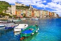 Traditional colorful houses ,boats and turquoise sea,Portovenere village,Cinque Terre,Liguria,Italy. Royalty Free Stock Photo