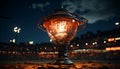 Famous city illuminated at night with glowing lanterns and streetlights generated by AI