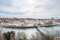 Famous city view of the three rivers city Passau with view of river Danube and Inn of the old town and the city hall and cathedral Royalty Free Stock Photo