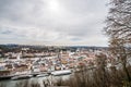 Famous city view of the three rivers city Passau with view of river Danube and Inn of the old town and the city hall and cathedral Royalty Free Stock Photo