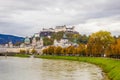 View of historic city of Salzburg over Salzach river, with Festung Hohensalzburg