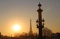 The famous Concorde square at sunset with Eiffel tower in the background . Paris. Royalty Free Stock Photo