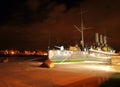 Famous cruiser Aurora at night Royalty Free Stock Photo
