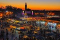 Famous Djemaa el Fna square at twilight in Marrakesh, Morocco Royalty Free Stock Photo
