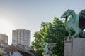 Famous dragon bridge or zmajski most, a landmark in ljublana, slovenia in early morning hours. Nobody around. Detail of dragon and Royalty Free Stock Photo