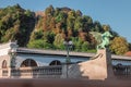 Famous dragon bridge or zmajski most, a landmark in ljublana, slovenia in early morning hours. Nobody around. Detail of dragon and Royalty Free Stock Photo