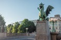 Famous dragon bridge or zmajski most, a landmark in ljublana, slovenia in early morning hours. Nobody around. Detail of dragon and Royalty Free Stock Photo