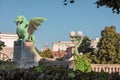 Famous dragon bridge or zmajski most, a landmark in ljublana, slovenia in early morning hours. Nobody around. Visible neboticnik Royalty Free Stock Photo