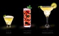 Famous drinks Pisco Sour, Mojito Strawberry, Margarita - black background