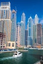 Dubai Marina with boats against skyscrapers in Dubai, United Arab Emirates Royalty Free Stock Photo