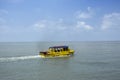 Famous duck tours attraction with an amphibious vehicle that can operate both as a bus and as a boat.