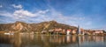 DUERNSTEIN CASTLE AND VILLAGE WITH BOAT ON DANUBE RIVER DURING AUTUMN TIME IN AUSTRIA