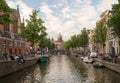 Famous dutch canal and traditional old buildings in Red Light District of Amsterdam.