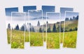 Isolated eight frames collage of picture of foggy Carpathian mountains.