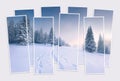 Isolated eight frames collage of picture of foggy mountain forest.