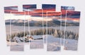 Isolated eight frames collage of picture of foggy winter sunrise abandoned mountain village