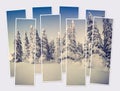 Isolated eight frames collage of picture of snowy winter landscape in mountain forest. Royalty Free Stock Photo