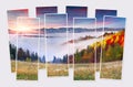 Isolated eight frames collage of picture of spectacular autumn sunrise in Carpathian mountains.
