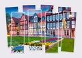 Isolated eight frames collage of picture of Wolfenbuttel village. Facade of authentic fahverk houses, Germany Royalty Free Stock Photo