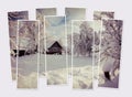 Isolated eight frames collage in retro style of picture of snowy winter scene of mountain village.
