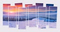 Isolated ten frames collage of picture of colorful winter scene of Carpathian mountains.