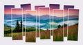 Isolated ten frames collage of picture of dramatic summer sunrise in Carpathian mountains.