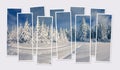 Isolated ten frames collage of picture of picturesque winter scene mountain forest.
