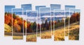 Isolated ten frames collage of picture of splendid autumn scene of mountain valley.