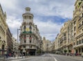 Famous Edificio Grassy building with the Rolex sign and beautiful buildings on Gran Via shopping street in Madrid, Spain