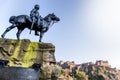 Edinburgh, Scotland, 5th May 2016 The Royal Scots Greys Monument statue against Edinburgh Castle in West Princes Street Gardens Royalty Free Stock Photo