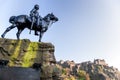 Edinburgh, Scotland, 5th May 2016 The Royal Scots Greys Monument statue against Edinburgh Castle in West Princes Street Gardens Royalty Free Stock Photo