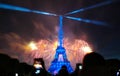 Famous Eiffel Tower and beautiful fireworks during celebrations of French national holiday - Bastille Day.