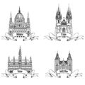 Famous European buildings. Hand drawn sketch landmarks collection. Travel Europe symbol set. Prague, Vienna, Amsterdam, Budapest