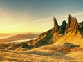 Famous exposed rocks Old Man of Storr, the Isle of Skye, Scotland.