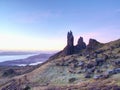 Famous exposed rocks Old Man of Storr, north hill in the Isle of Skye