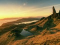 Famous exposed rocks Old Man of Storr, north hill in the Isle of Skye