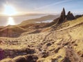 Famous exposed rocks Old Man of Storr, north hill in the Isle of Skye