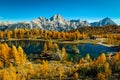 Famous Federa lake in the autumn forest, Dolomites, Italy